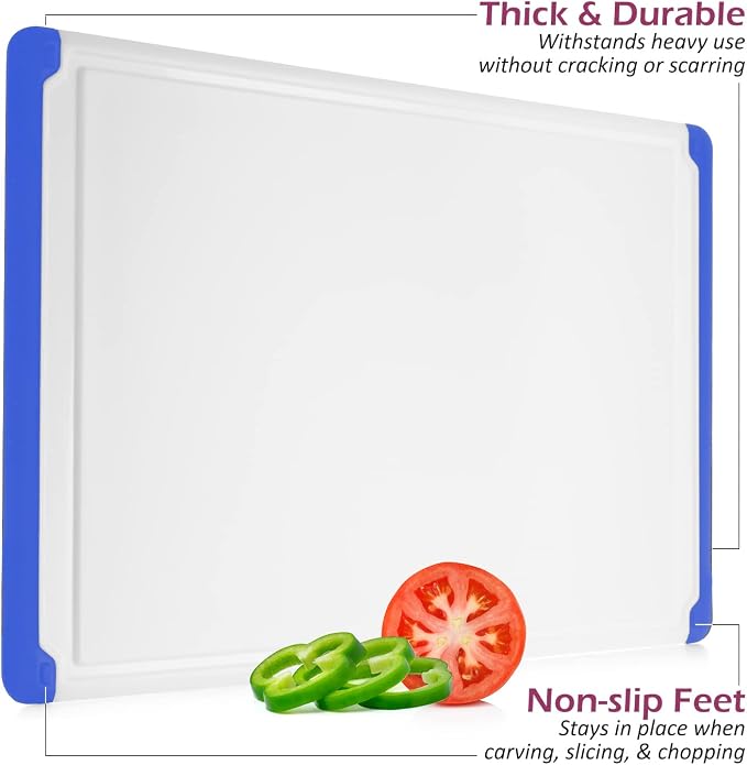 Extra Large Plastic Cutting Board for Kitchen - Blue 18-Inch Dishwasher Safe Chopping Board, Reversible Cutting Board with Juice Groove + Non Slip Feet for Meat, Fruit, Vegetables by Belwares