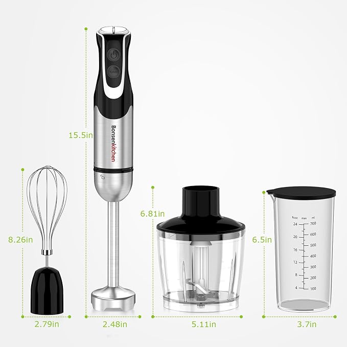 Bonsenkitchen Immersion Blender with Food Processor,12 Speeds & Turbo Mode | 4-In-1 Hand Blender with Stainless Steel Blade, Beaker & Chopper Bowl, Stick Mixer for Baby Food,Smoothies, Soups & Sauces
