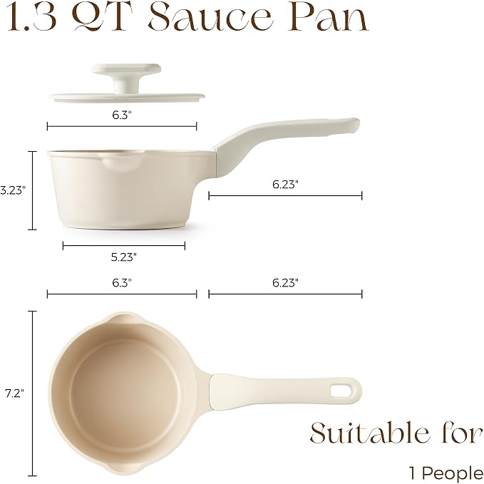 PRICUSIS Ceramic Nonstick Saucepan with Lid, 1.3 Quart Non Toxic Pot with Pour Spouts, Full Coated, 100% Dishwasher Safe, Induction Compatible, PTFE PFAS & PFOA Free, Coconut White