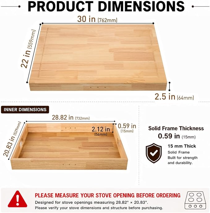 Buruis Rubberwood Stove Cover for 28.82 x 20.83 Inch Gas & Electric Stoves | Noodle Board Design with Juice Groove, Extra Counter Space, Built-In Handles, Multi-Purpose Kitchen Serving Board