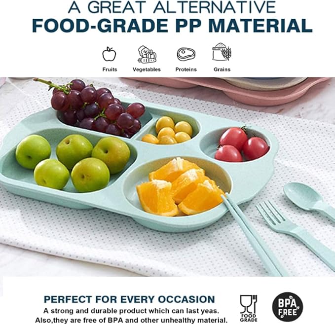 PUPOPIK 12 Inch Divided Plates4 PCS - Reusable Unbreakable Wheat Straw Plates, Dinnerware Lunch Tray Plates Tableware for Kitchen, Picky Eaters, Campers and Portion Control (Blush)