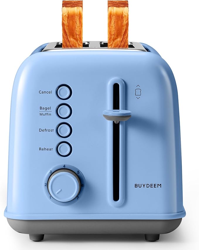 BUYDEEM DT620 2-Slice Toaster, 7 Shade Settings, Extra Wide 1.5'' Slots for Bagel & English Muffin, 6 Toasting Functions, Retro Stainless Steel Toaster with High Lift Lever, Blue