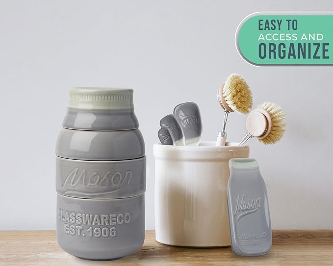 Comfify Gray Mason Jar Measuring Set – 4 Cups, 4 Spoons, Spoon Rest | Gray; ceramic; 9-piece set; 4 measuring cups + 4 measuring spoons + spoon rest; mason jar design; hand wash only