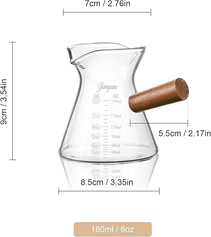 Joeyan 6 oz Glass Measuring Cup with Double Spouts,Clear Borosilicate Espresso Shot Glasses with Wooden Handle,Milk Creamer Frothing Pitcher Barista Coffee Carafe