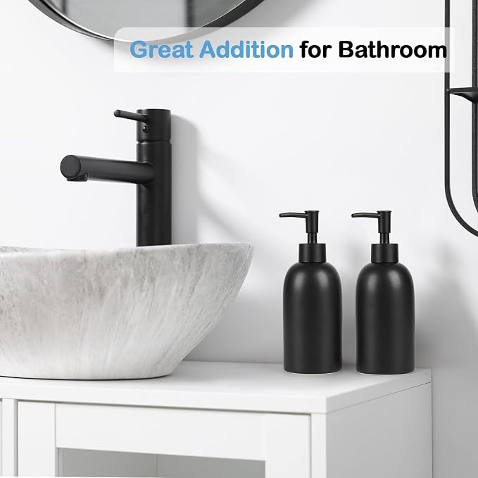 Natheeph Soap Dispenser Fill Dish Soap Hand Soap for Bathroom (2PC Black) | 14OZ, Great for Bathroom/Kitchen Sink, Ceramic Soap Pump Dispenser, Refillable Shampoo, Detergent, Lotion, Shower Gel