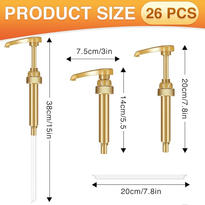 Coffee Syrup Pumps, 26 Pack Gold Syrup Pump | Skinny Syrup Pump for 750ml 25.4oz Syrup Bottle, Syrup Pump Dispenser for Coffee Bar Drinking Mixes,Davinci,Jordans