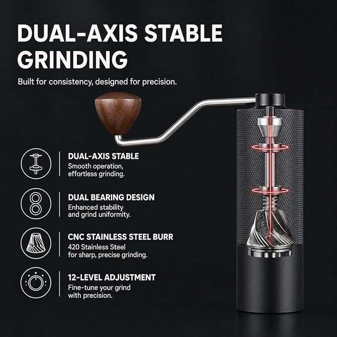 Manual Coffee Grinder - Stainless Steel Burrs, Adjustable Grind Settings, Portable Hand Crank for Espresso, Drip, French Press - Compact, Durable, Ideal for Home & Travel (Black)