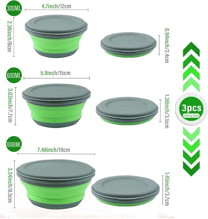Collapsible Bowls, 3pcs Food Grade Silicone Camping Bowl Salad Bowl with lids, Portable Expandable Lunch Box Food Storage Container for Camping Travel and Picnic,Green