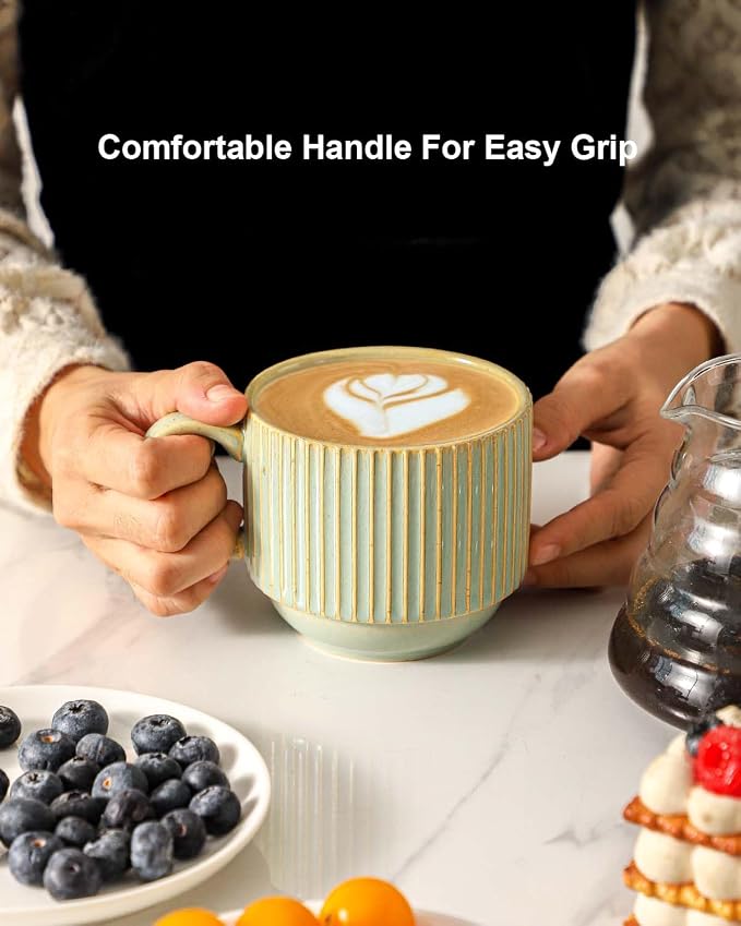 HASENSE Ceramic Coffee Mugs Set of 4 with Rack - 15 oz Stackable Large Porcelain Ribbed Latte Cup Set for Cappuccino, Tea, Hot Cocoa, Drinks - Dishwasher & Microwave Safe, Sage Green