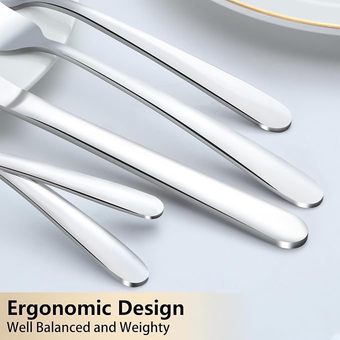 Pleafind 65-Piece Silverware Set with Serving Utensils - Mirror Polished Stainless Steel Flatware Set for 12, Elegant Dining Cutlery Set with Steak Knives, Round Edge Utensils for Home, Wedding Party