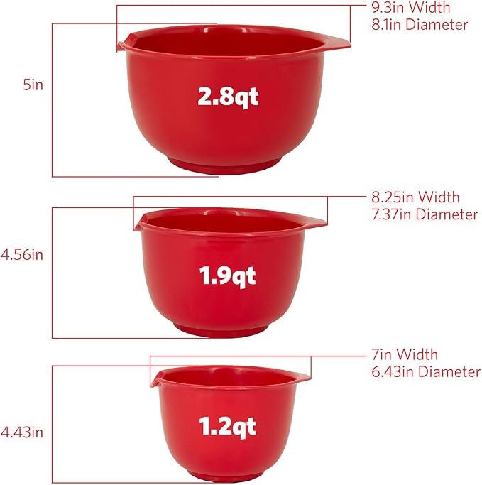 Glad Mixing Bowls with Pour Spout, Set of 3 | Nesting Design Saves Space | Non-Slip, BPA Free, Dishwasher Safe Plastic | Kitchen Cooking and Baking Supplies, Red