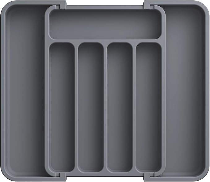 Aujen Silverware Drawer Organizer, Adjustable Utensil Cutlery Tray | Expandable Kitchen Organizer for Forks Knives, Multipurpose Kitchen Storage, Apartment Essentials, Grey, Medium
