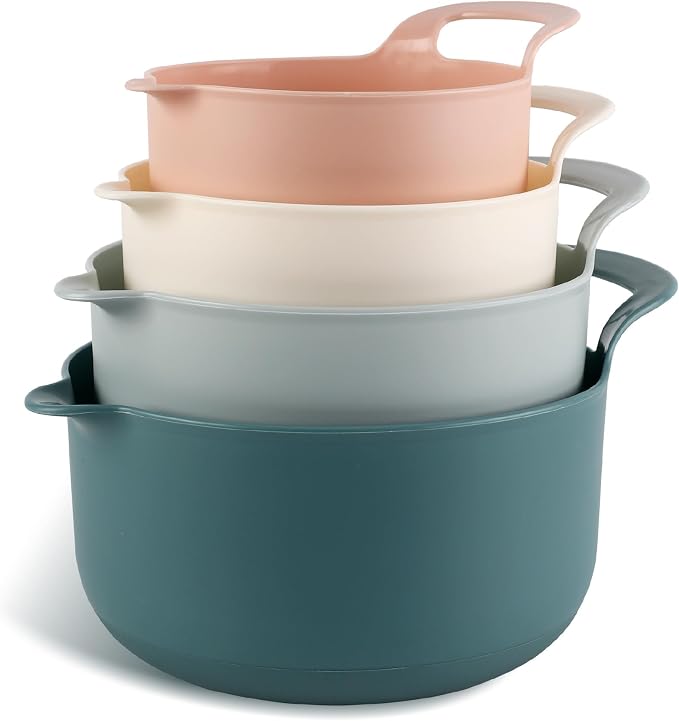 COOK WITH COLOR Nesting Plastic Mixing Bowl Set with Pour Spouts and Handles, Teal and Pink, 4 Piece Non-Slip
