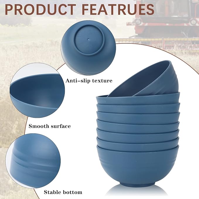Soup Bowls, Cereal Bowl, Premium Wheat Straw Bowls Set of 8, Unbreakable Plastic Bowls Microwave Safe, Dishwasher Safe Serving Bowl for Kitchen, Breakfast, Dinner, Salad, Poke (Blue, 26 OZ)