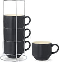 HASENSE Coffee Mug Ceramic Set of 4 with Stand, Stackable Large Latte Cups with Metal Stand, Dishwasher & Microwave Safe, Black for Cappuccino Tea Hot Cocoa