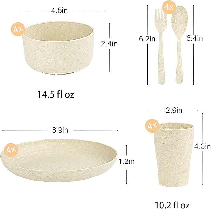 Wheat Straw Dinnerware Sets, 20pcs Lightweight Unbreakable Dinnerware, Microwave Dishwasher Safe Bowls Cups Forks Spoons set,Perfect for Camping Outdoor, Beige
