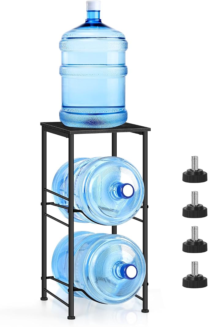 OYEAL Water Bottle Holder 5 Gallon Water Jug Holder with Storage Shelf, 2 Tier Black Water Bottle Rack Stand with 2 Slots for Small Space, Kitchen, Home Office, Living Room