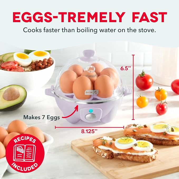 Dash Rapid Egg Cooker, 7 Hard Boiled Eggs, Lavender | Electric Egg Poacher, Boiler, Steamer & Omelette Maker Machine, Soft or Poached Eggs for Breakfast, Auto Shut-Off, BPA-Free