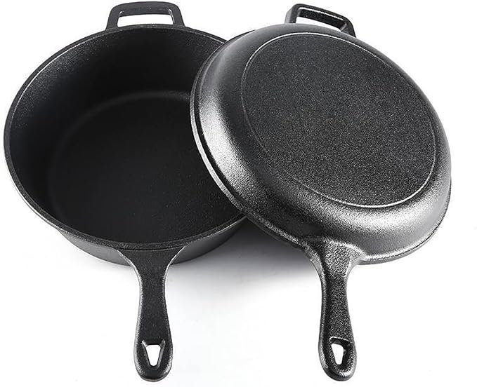 Cast Iron Double Dutch Oven Pot with Skillet Lid, Cast Iron Combo Cooker, Skillet with Lid, Deep Pot with Frying Pan for Bread Baking, Outdoor, Campfire Cooking (3 Quarts)