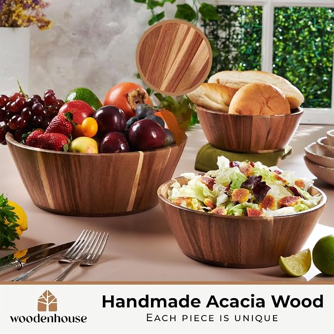 Wooden Salad Bowl Set of 3, Round 12" 10" 8" Wood Bowls for Serving Food | Rustic handcrafted trio in large, medium and small; warm natural tones for mixing, popcorn and table decor