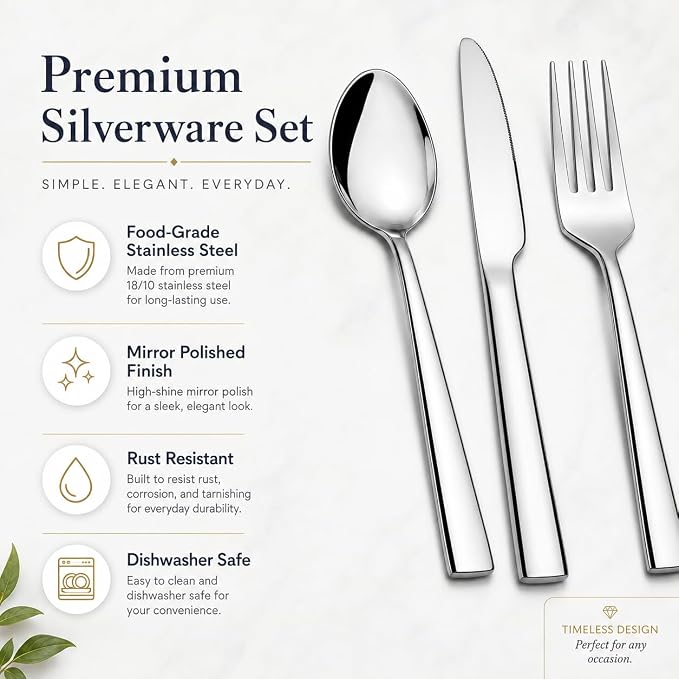 12-Piece Stainless Steel Silverware Set for 4, Mirror Polished Flatware Set Includes 4 Dinner Knives, 4 Dinner Forks & 4 Dinner Spoons, Dishwasher Safe Cutlery Set for Home Kitchen Restaurant