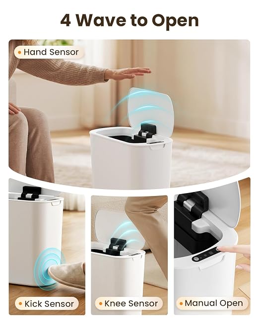 Cesun 5 Gallon Automatic Bathroom Trash Can with Lid, White, Touchless | Motion Sensor, Slim, Small Smart Garbage Bin, Plastic, Battery Operated, Manual Button, for Office/RV/Bedroom/Living Room