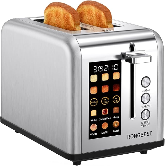 2 Slice Touch Screen Toaster with Wide Slots Stainless Steel Toasters for Family Breakfast, Even Toasting for Bagels & Bread, Reheat & Defrost, Easy Removable Crumb Tray, Silver