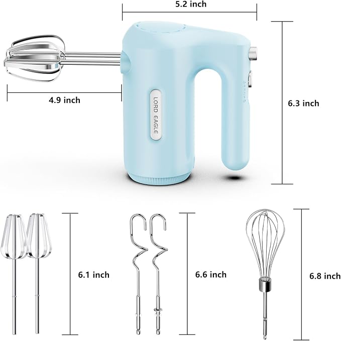 Lord Eagle 5-Speed Hand Mixer Electric With 4 Mixing Bowls Set | 300W Lightweight Kitchen Handheld Mixer with Measuring Cups & Spoons, Stainless Steel Bowls, Baking Supplies for Cake, Blue