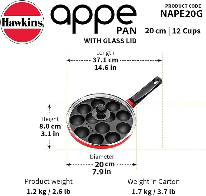 Hawkins Nonstick Appe Pan with Glass Lid, 12 Cups, Diameter 20 cm, Black, Cast Aluminium, Red