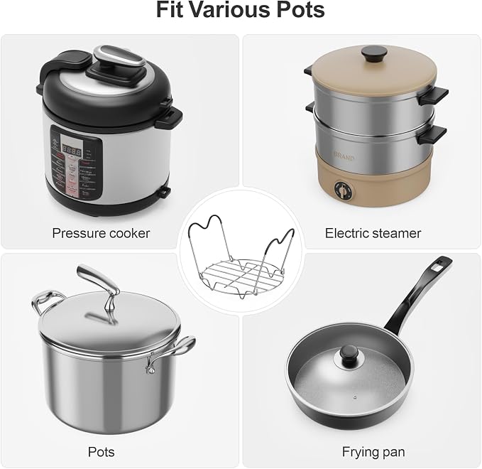 Steamer Rack Trivet for Instant Pot 6 Qt & 8 Qt with Silicone Handle | 7.7-inch 304 Stainless Steel Steam Rack with Foldable Long Heat Resistant Handles for Pressure Cooker, Steaming, Cooking