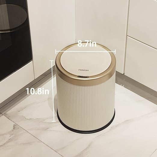 URALFA Bathroom Trash Can with Lid, Automatic Motion Sensor Trash Can | 2.8 Gal Bathroom Garbage Can Touchless, Smart Waterproof Trash Bin for Bedroom, Office, Restroom, Cream White and Gold