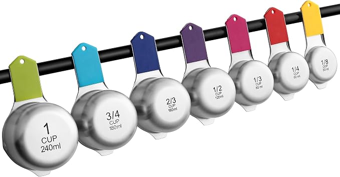 Spring Chef Magnetic Stainless Steel Measuring Cups Set of 7, Multicolor | Patented Metal Measuring Cups for Measuring Dry or Liquid Ingredients, Easy to Read Markings, Dishwasher Safe Magnetic Cups