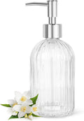 Topsky Stripe Glass Soap Dispenser with Plastic Pump, 400ml Liquid Hand Soap Dispenser, Rustproof Pump for Kitchen & Bathroom, Great for Lotions, Essential Oil, Liquid Soaps,Transparent