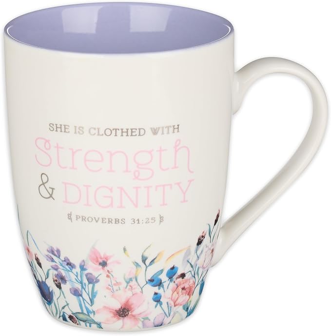 Christian Art Gifts Scripture Ceramic Encouraging Coffee and Tea Mug for Women: Strength and Dignity - Proverbs 31:25 Inspirational Bible Verse Cup for Hot and Cold Beverages, White & Lavender 12 oz.