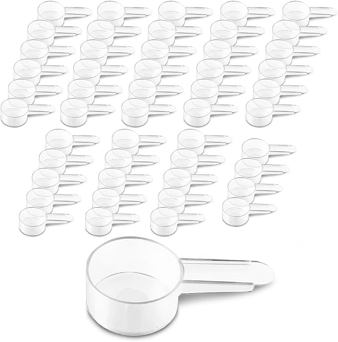 50 Pack Tablespoon Measuring Spoons, 1 Tbsp (15 mL) Plastic Coffee Scoops | Clear short-handle 1 tbsp scoops for coffee, loose tea, protein powder, spices, baking ingredients, and powdered supplements.