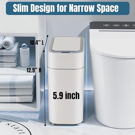 LALASTAR 2 Pack Automatic Trash Can Bathroom, Touchless Garbage Can with Lid, Slim Motion Sensor Waterproof Plastic Trash Bins for Bedroom Office Toilet, 2.3 Gallon, White+Grey Trim