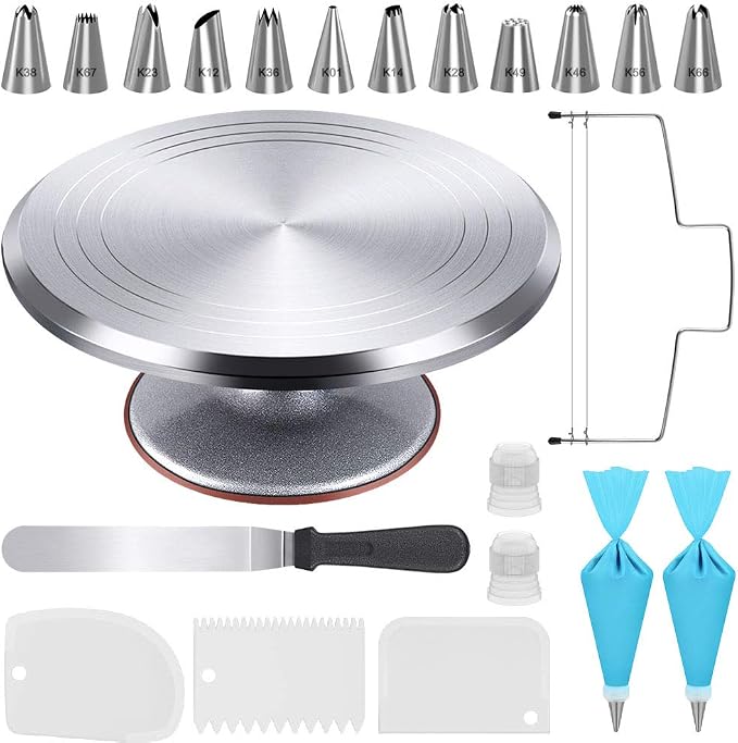 Kootek 22 Aluminum Cake Stand Turntable Set for Decorating Baking Kit, 12" | Beginner-friendly, Baking Supplies Tools with Cake Stand Turntable for Decorating and Display, 3 Icing Scrapers, Cake Leveler