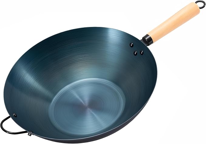 DUMOS 13.5" Carbon Steel Wok Pan, No Chemical Coating, Pre-Seasoned Flat Bottom Pow Wok for Family Meals and Camping, Compatible with Induction, Electric, Gas, Open Fire, Blue