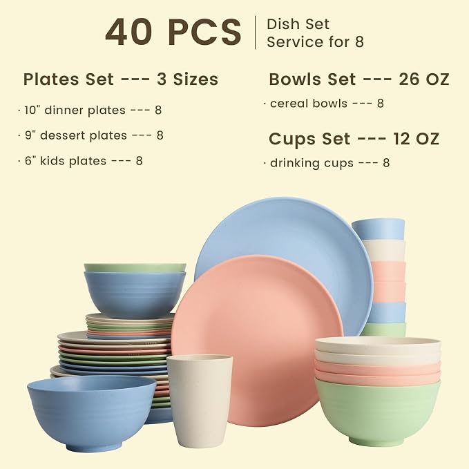 40-Piece Dinnerwave Sets, Service for 8, Wheat Straw Dinnerware Set - Plates and Bowls Set with Cups, Lightweight Microwave and Dishwasher Safe Dish Set for Dinner, Outdoor - Multi Light
