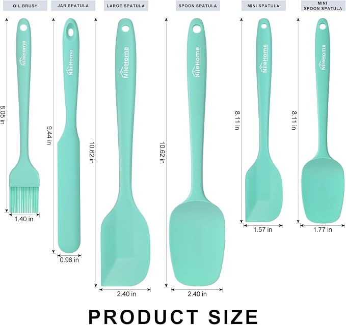 NileHome Silicone Spatula Set, 6 Pcs Food Grade Kitchen Utensils with Silicone Brush Heat Resistant Up to 600°F Dishwasher Safe BPA-Free Rubber Spatula for Scraping, Baking, Cooking, Mixing, Turquoise