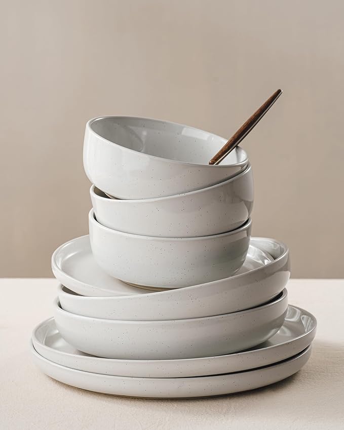 Famiware Milkyway 16-Piece Stoneware Plates and Bowls, White | Dinnerware Set with Pasta Bowls for 4, Dishes Set for Everyday/Formal Use, Microwave/Dishwasher Safe, Chip/Scratch Resistant