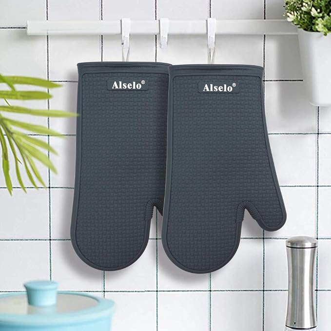 Alselo Silicone Oven Mitts Set, Heat Resistant 550 Degree,7.5"x12" | Kitchen Mittens,Waterproof & Non-Silp Oven gloves for Baking Cooking Barbecue Microwave & Machine Washable(Grey, 2)