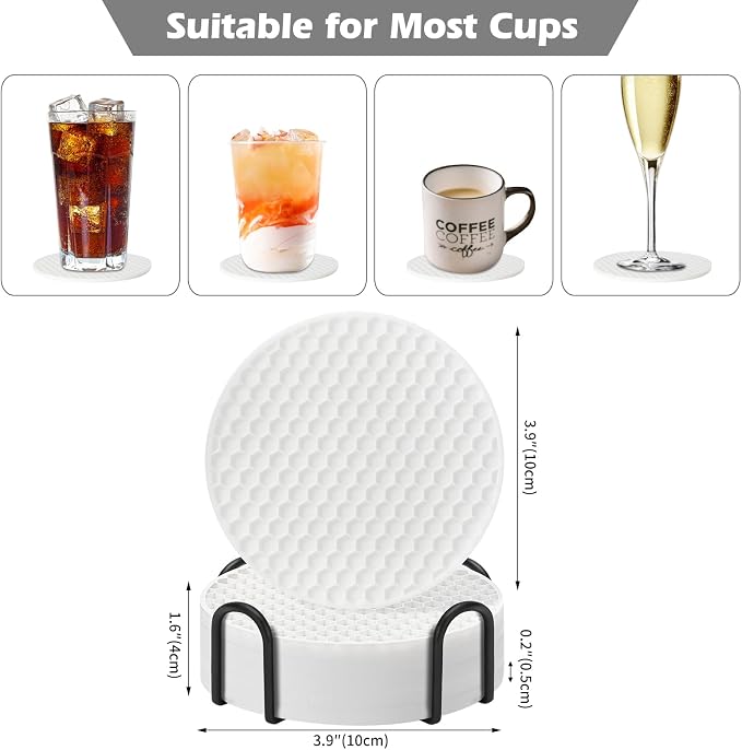 TWTLi Silicone Coasters Set of 6 with Holder — Non-Slip Drink Coasters for Coffee Table, Home Bar & Kitchen, Protects Wood & Marble Surfaces from Water Rings, Dishwasher Safe (White)