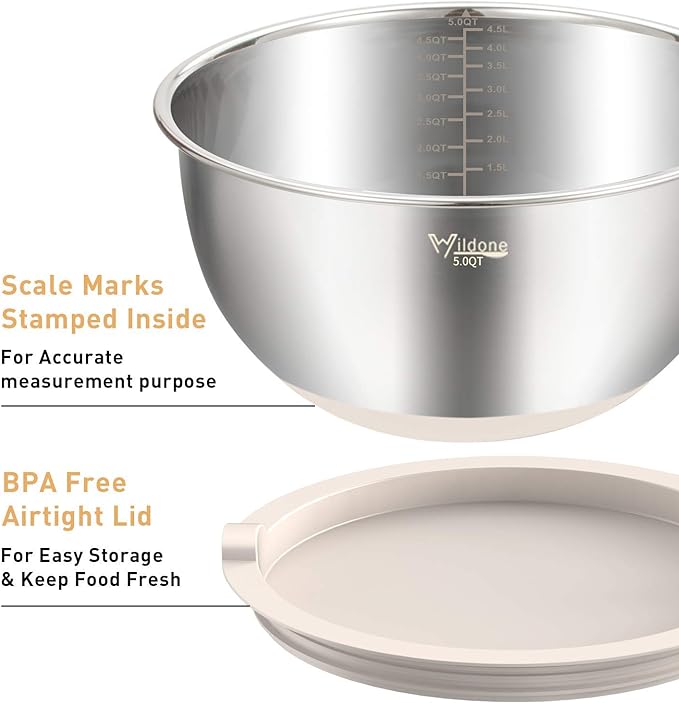 Wildone Mixing Bowls with Airtight Lids Set, 5PCS Stainless Steel Khaki Nesting Bowls for Kitchen, with Grater Attachments & Non-Slip Bottoms, Size 5, 3, 2, 1.5, 0.63 QT, Great for Mixing & Serving