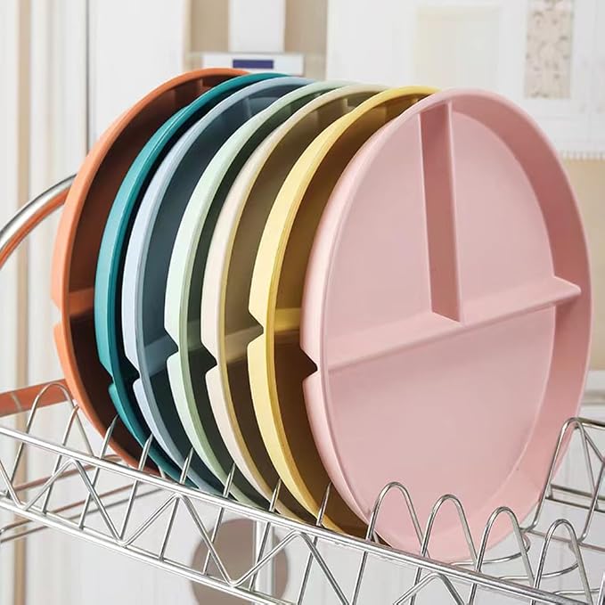 PUPOPIK 9" Unbreakable Divided Plates Set of 5, Wheat Straw Plate Reusable Dinnerware Portion Control Plates, Round Bariatric Plastic Plate for Kids Adults, BPA-free, Dishwasher Safe