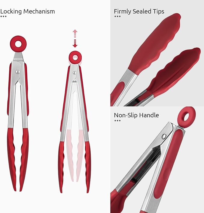 U-Taste Kitchen Tong for Cooking, 600ºF Heat-Resistant Silicone, 7in/Red | Small Mini Silicon Tongs for Serving Food, Short Salad Thong with Non Stick Rubber Tips & 18/8 Stainless Steel Handle