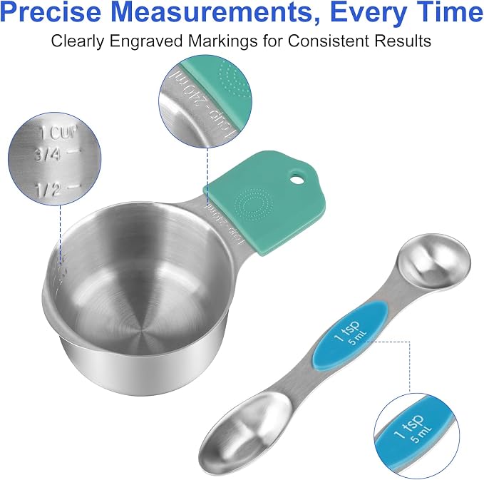 Magnetic Measuring Cups and Spoons Set, Strong N52 Magnets, Heavy Duty 304 Stainless Steel Fits in Spice Jars for Baking & Cooking, BPA Free, Round Set of 15 with Leveler Blackr, Light Colorful