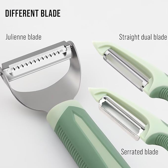 Julienne Peeler Vegetable Peeler with 4.8'' Long Silicone Handle | Non-slip grip & sharp blade; Y carrot shredder-for strips; Potato/serrated peeler-ordinary peeling/soft skin; 3 Pack; Green