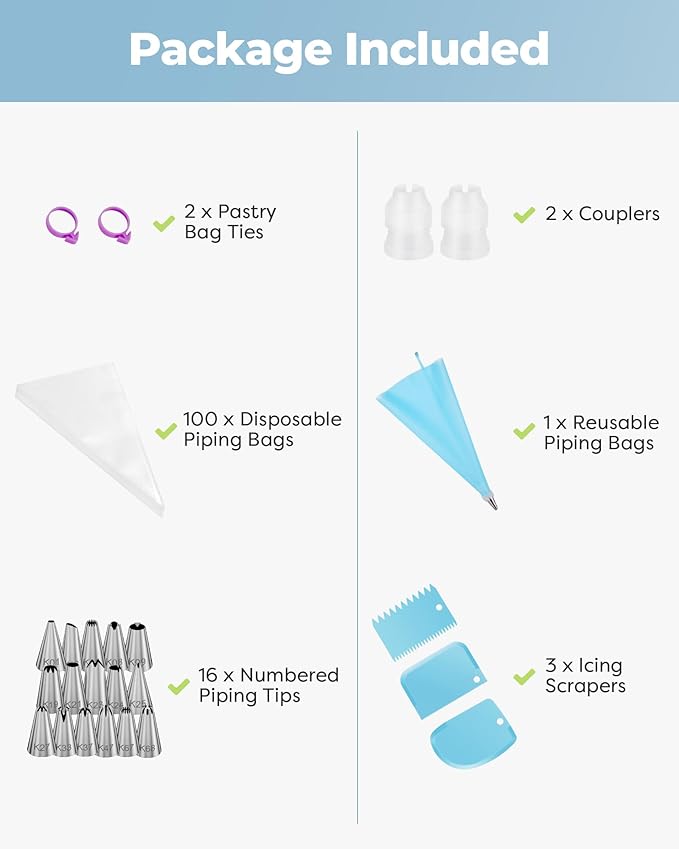Kootek 124 Icing Piping Bags and Tips Set Frosting Cake Decorating Kit Blue | Baking Supplies Tools, 100 +1 Piping Bags 12", 16 Icing Piping Tips, Reusable Pastry Bag, 3 Scrapers, for Beginners & Pros