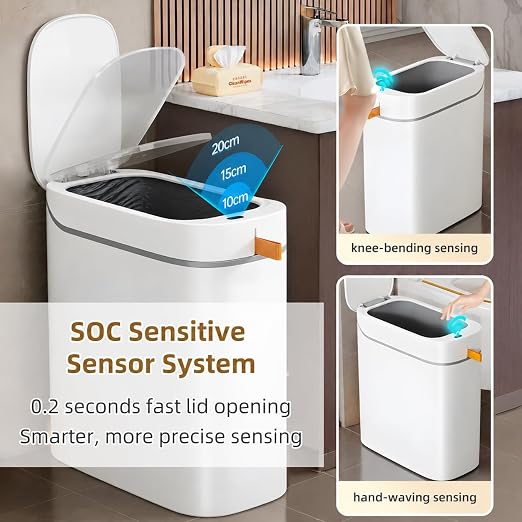 MUEE 3.5 Gal Automatic Bagging Bathroom Trash Can, Motion Sensor, White | Slim rechargeable design for bedrooms, offices and compact spaces; Type-C charging, liner suction and one-touch bag gathering